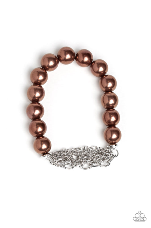 HOLLYWOOD HEELS - BROWN PEARLS SILVER CHAINS STRETCH BRACELET