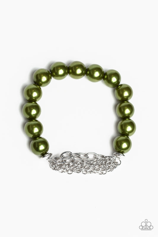 HOLLYWOOD HEELS - GREEN OLIVE ARMY PEARLS SILVER CHAINS STRETCH BRACELET