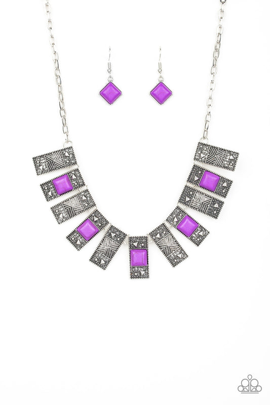 THE MANE CONTENDER - PURPLE SQUARE BEADS TEXTURED SILVER TABS NECKLACE