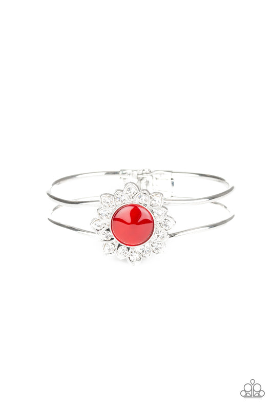 PALACE DREAM - RED MOONSTONE WHITE RHINESTONES FLORAL HINGE BRACELET