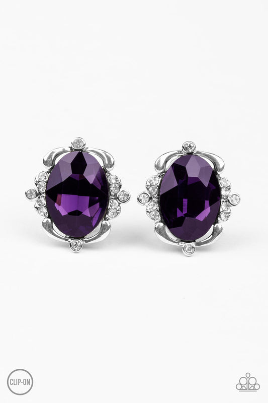 REGALLY RADIANT - PURPLE AMETHYST RHINESTONES OVAL CLIPON EARRINGS