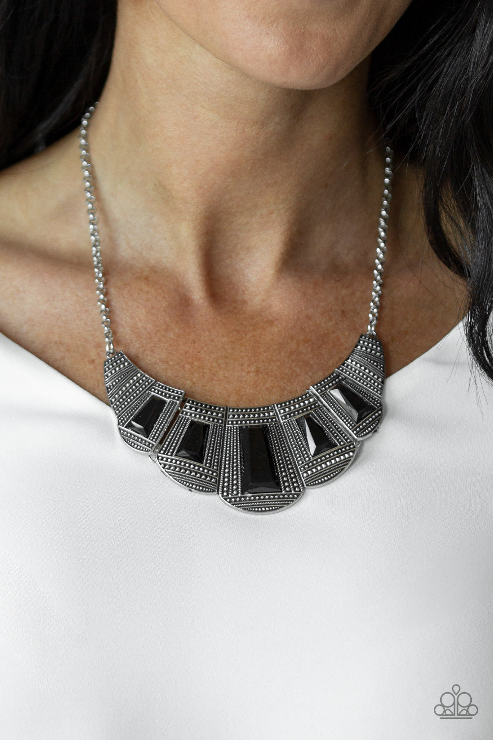 LION DEN - BLACK ENAMEL TEXTURED SILVER BIB NECKLACE