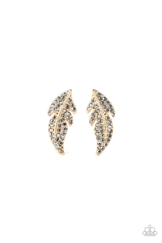 FEATHERED FORTUNE - GOLD FEATHER HEMATITE RHINESTONES POST DAINTY EARRINGS