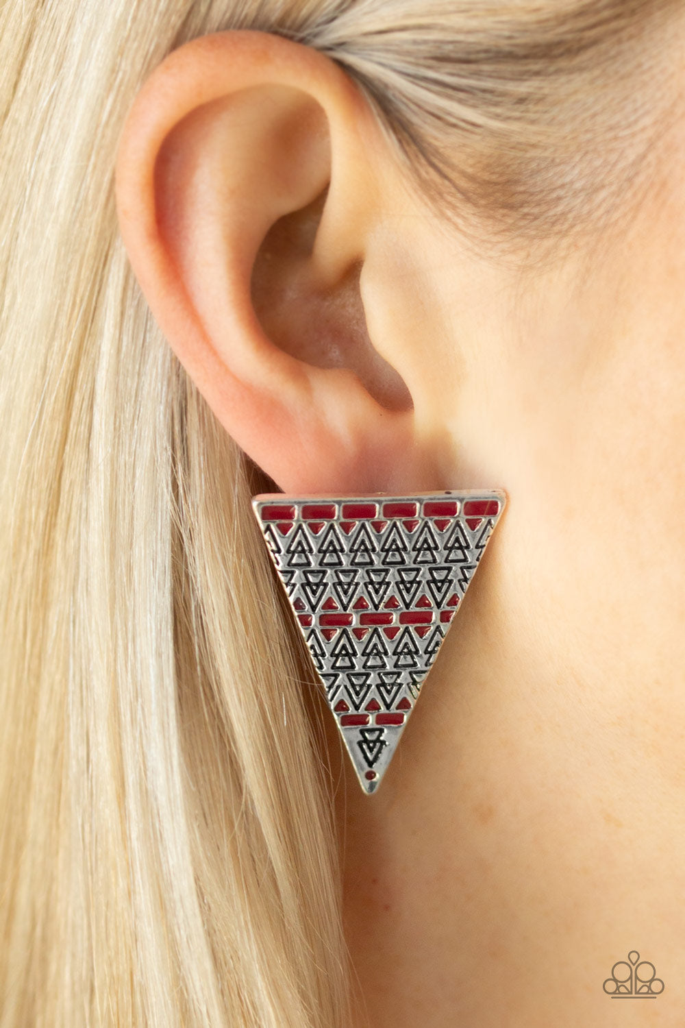 TERRA TRICOLOR - RED AND SILVER TRIANGLE POST EARRINGS