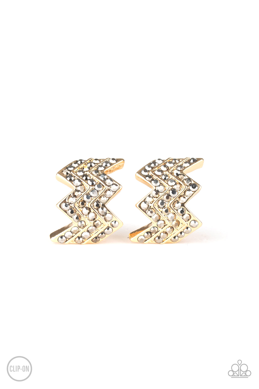 FAST AS LIGHTNING - GOLD ZIGZAG HEMATITE RHINESTONES CLIP ON EARRINGS