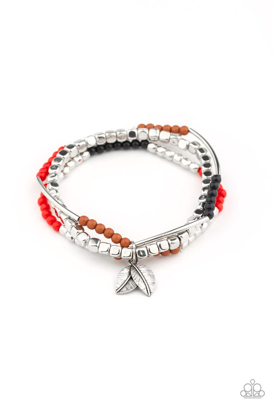 DESERT WANDERER - MULTI RED BROWN BLACK SILVER FEATHER CHARM BRACELET