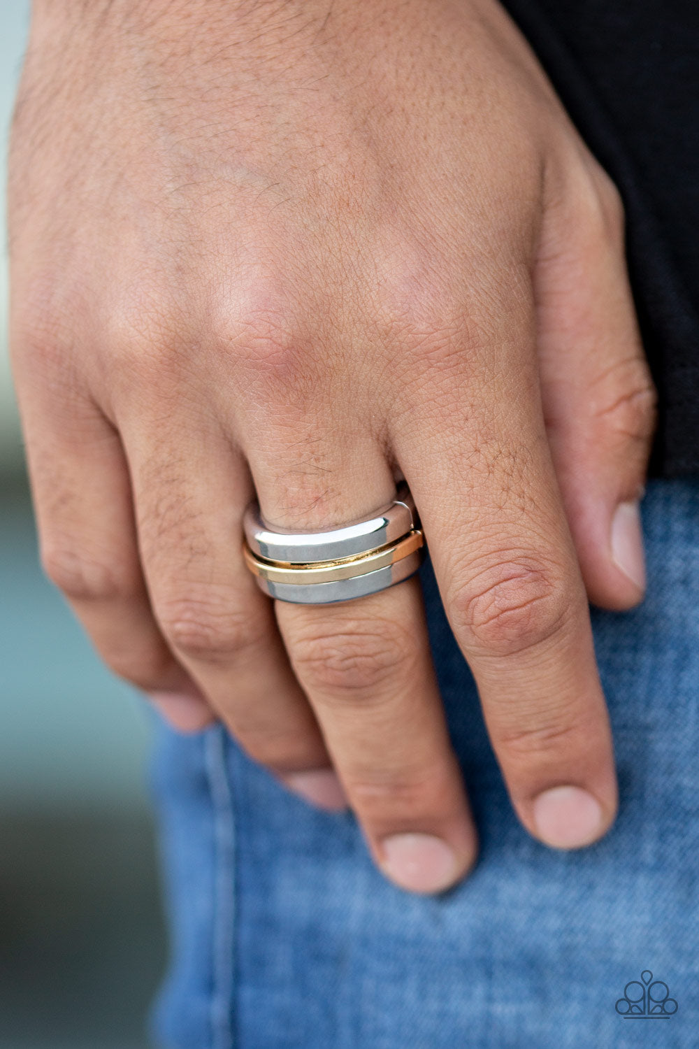 BATTLE TANK - SILVER AND GOLD BEVELED BAND MENS RING MEN'S