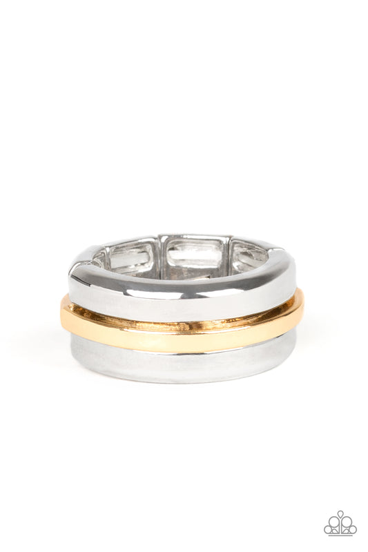 BATTLE TANK - SILVER AND GOLD BEVELED BAND MENS RING MEN'S