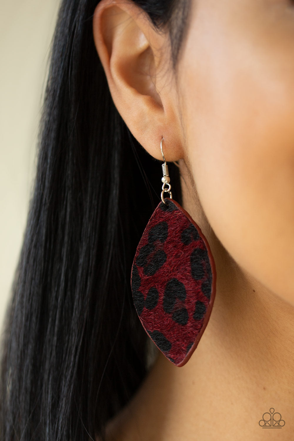GRR-IRL POWER! - RED FURRY CHEETAH ANIMAL PRINT ALMOND SHAPE EARRINGS