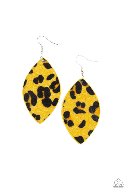 GRR-IRL POWER! - YELLOW CHEETAH PRINT FURRY FUZZY LEATHER EARRINGS