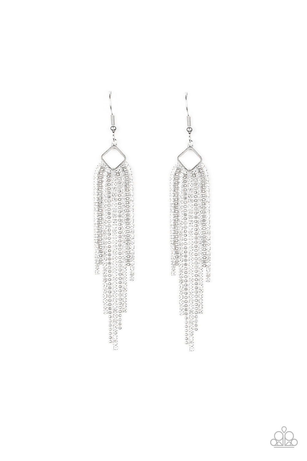 SINGING IN THE REIGN - WHITE RHINESTONES SILVER CHAIN TASSELS EARRINGS