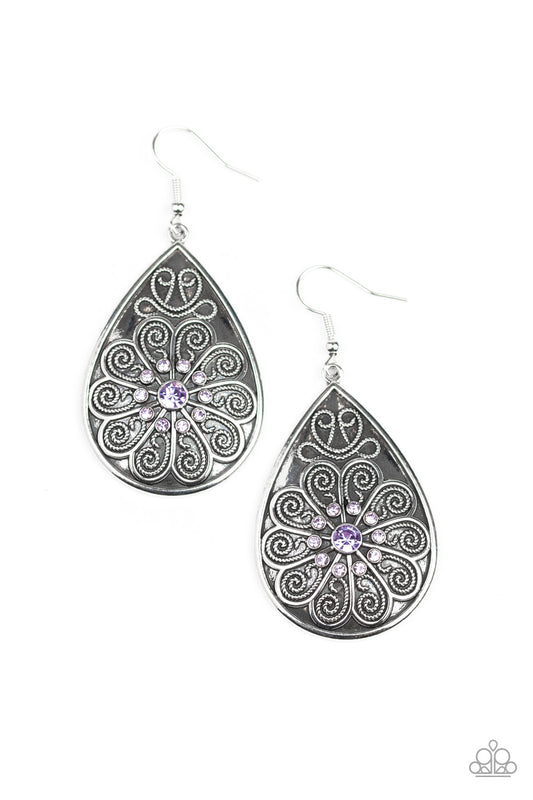BANQUET BLING - PURPLE RHINESTONE SILVER FLOWER FILIGREE TEARDROP EARRINGS