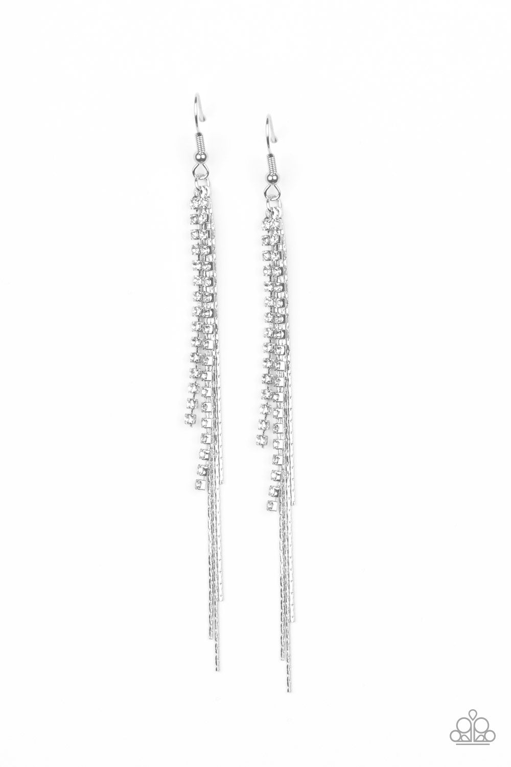 REIGN CHECK - WHITE RHINESTONES SILVER CHAINS DANTY FRINGE EARRINGS