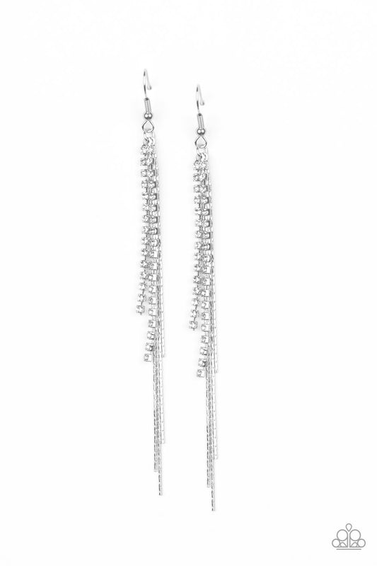 REIGN CHECK - WHITE RHINESTONES SILVER CHAINS DANTY FRINGE EARRINGS