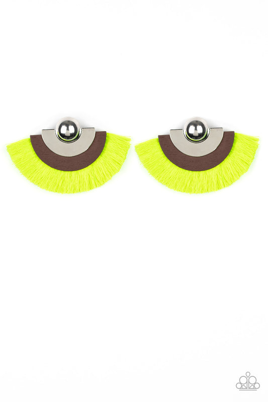 FAN THE FLAMBOYANCE - YELLOW NEON FRINGE WOODEN SILVER HALF CIRCLE POST EARRINGS