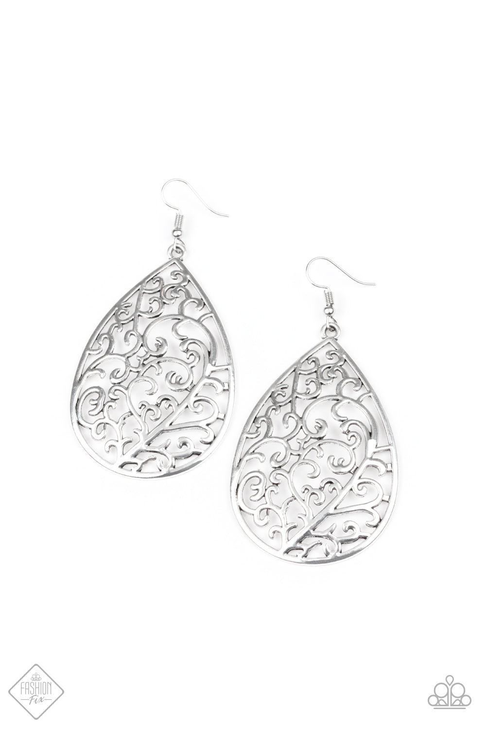 GRAPEVINE GRANDEUR - SILVER TEARDROP CUT OUT FILIGREE FASHION FIX EARRINGS