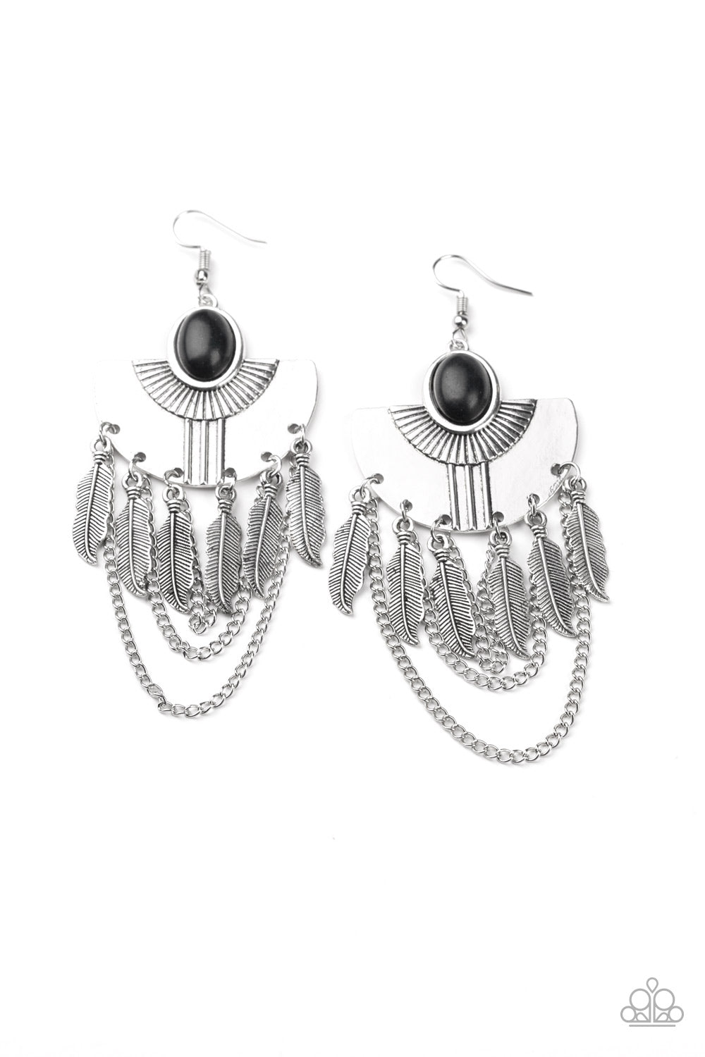 SURE THING, CHIEF! - BLACK POLISHED STONE FEATHER FRINGE CHAINS TRIBAL SOUTHWEST EARRINGS