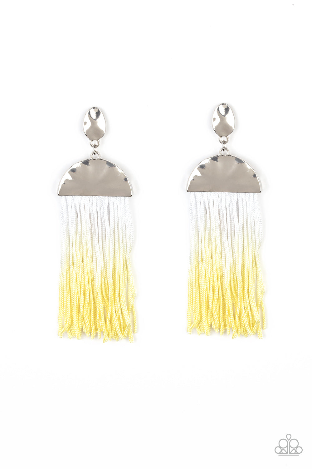 ROPE THEM IN - YELLOW TIE DYE DIPPED WHITE FRINGE SILVER POST EARRINGS
