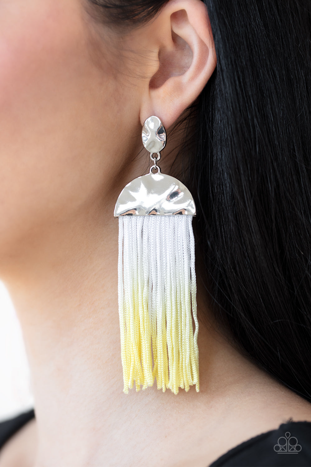 ROPE THEM IN - YELLOW TIE DYE DIPPED WHITE FRINGE SILVER POST EARRINGS