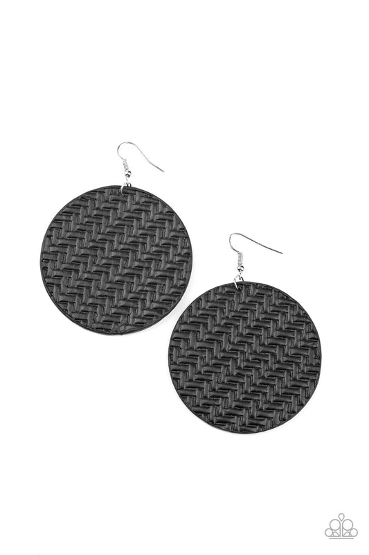 PLAITED PLAINS - BLACK WOVEN LEATHER ROUND EARRINGS