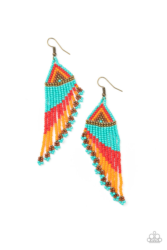 RAINBOW WINDS - MULTI BLUE ORANGE RED BROWN BRASS ANGLED SEEDBEAD EARRINGS