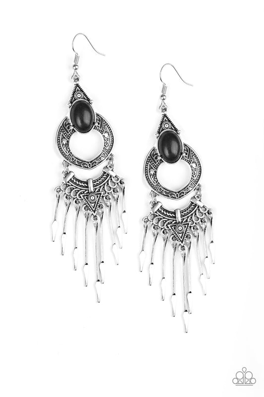 SOUTHERN SPEARHEAD - BLACK STONE OVAL METAL ARROW FRINGE EARRINGS
