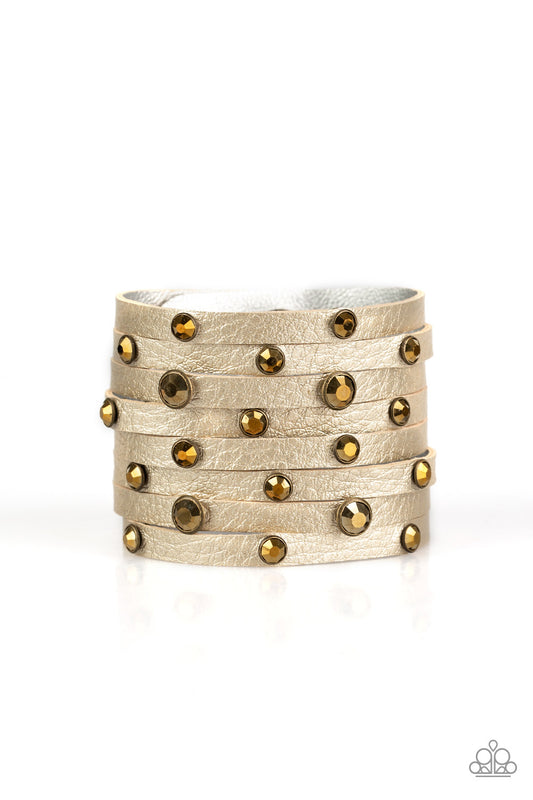 GO-GETTER GLAMOROUS - BRASS LEATHER AURUM RHINESTONES MULTI LAYER WRAP BRACELET