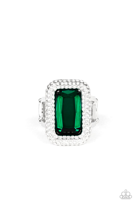 A GRAND STATEMENT MAKER - GREEN RECTANGLE EMERALD RHINESTONE RING