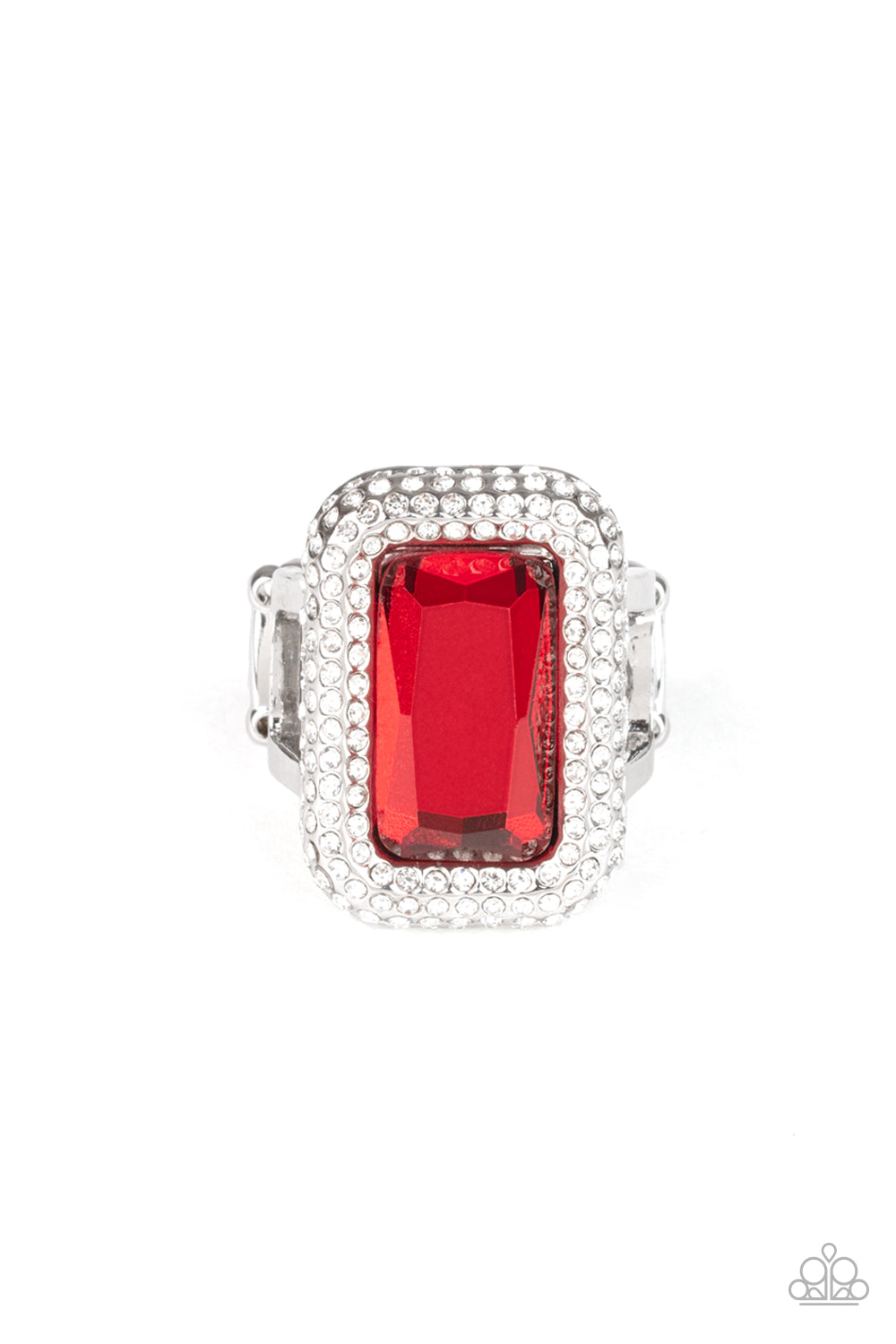 A GRAND STATEMENT-MAKER - RED RECTANGLE RUBY RHINESTONE RING