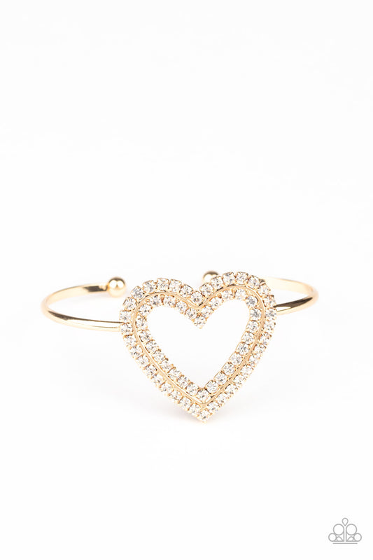HEART OPENER - GOLD WHITE RHINESTONES HEARTS CUFF BRACELET