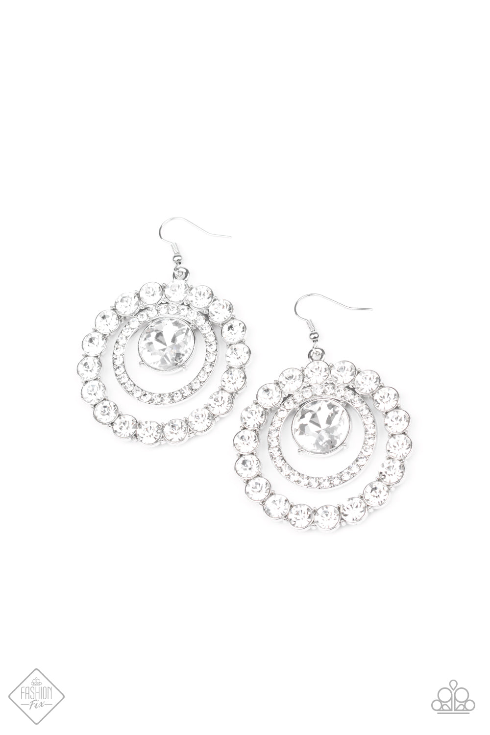 GLITZY GAMBLE - WHITE RHINESTONES TRIPLE CIRCLE FASHION FIX EARRINGS