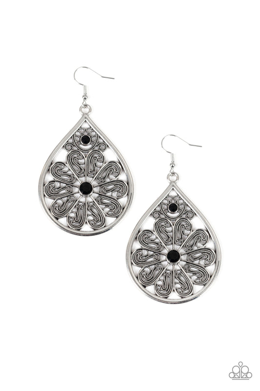 WHIMSY DREAMS - BLACK ONYX RHINESTONES TEARDROP FILIGREE EARRINGS