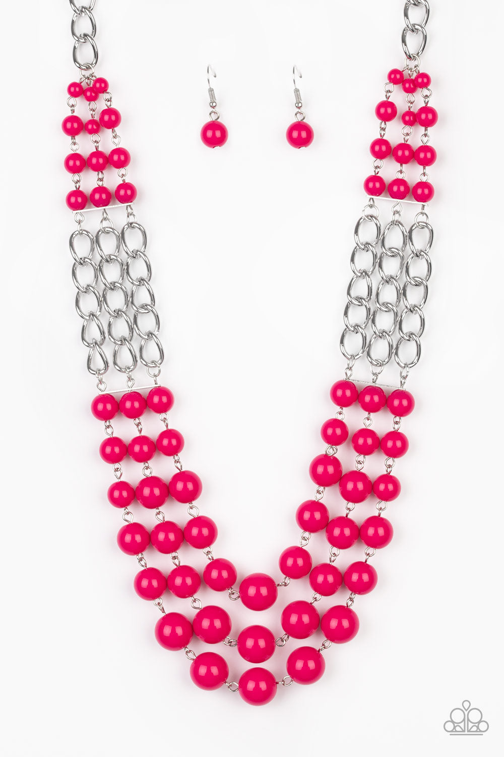 A LA VOGUE - PINK HOT PINK BEADS MULTI LAYER SILVER NECKLACE