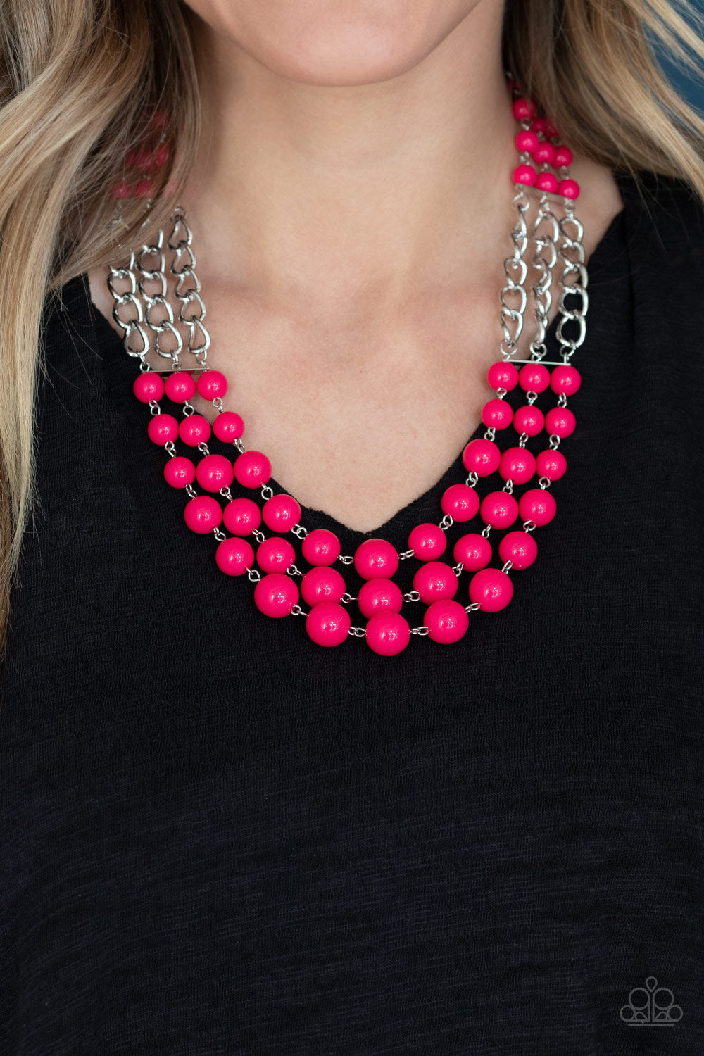 A LA VOGUE - PINK HOT PINK BEADS MULTI LAYER SILVER NECKLACE