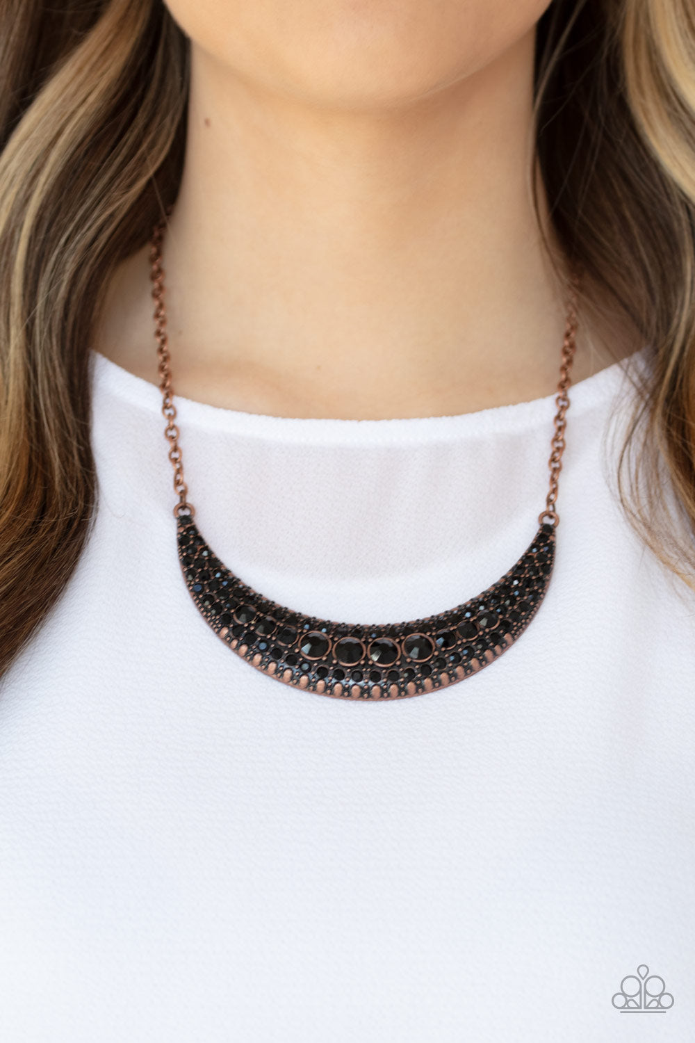 MOON CHILD MAGIC - COPPER ONYX RHINESTONES CRESCENT NECKLACE