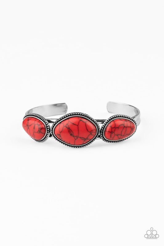 STONE SOLACE - RED 3 TURQUOISE SILVER CUFF BRACELET