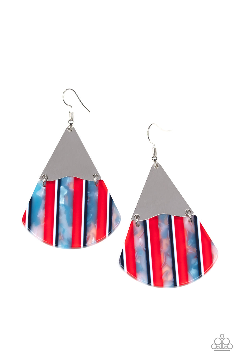 SOCIAL ANIMAL - RED BLUE WHITE MOTHER OF PEARL SILVER TEARDROP ACRYLIC EARRINGS