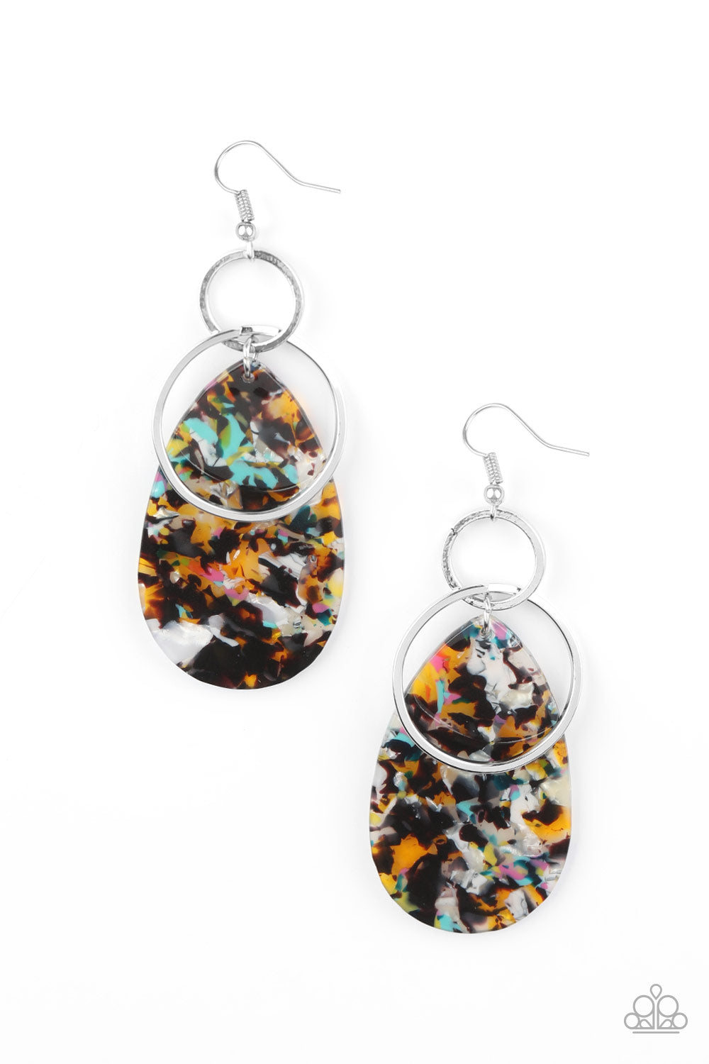 TWO TICKETS TO PARADISE - MULTI COLOR TEARDROP FLOATING SILVER CIRCLE ACRYLIC EARRINGS
