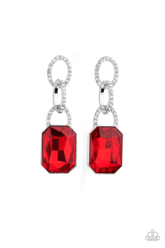 SUPERSTAR STATUS - RED RUBY RHINESTONE EMERALD CUT PENDANT EARRINGS