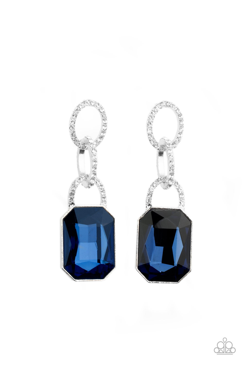 SUPERSTAR STATUS - BLUE SAPPHIRE RHINESTONE EMERALD CUT PENDANT EARRINGS