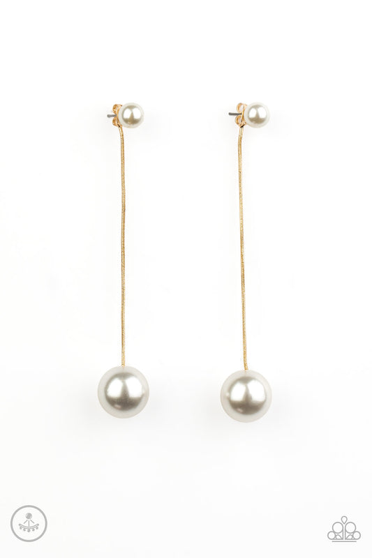 EXTENDED ELEGANCE - GOLD CHAIN WHITE PEARLS DANGLE DOUBLE POST EAR JACKET EARRINGS