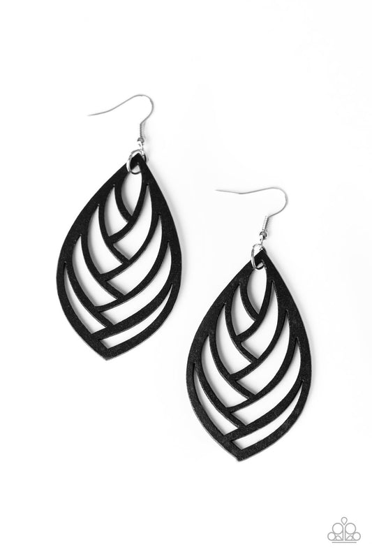 OUT OF THE WOODWORK - BLACK TEARDROP CUTOUT WOODEN LEAF EARRINGS