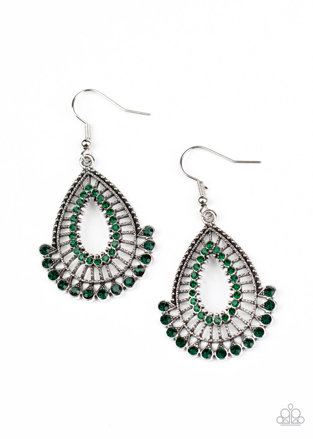CASTLE COLLECTION - GREEN EMERALD RHINESTONES FAN TEARDROP EARRINGS