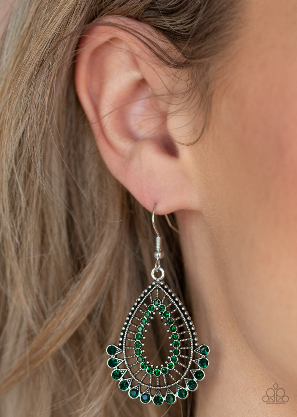CASTLE COLLECTION - GREEN EMERALD RHINESTONES FAN TEARDROP EARRINGS