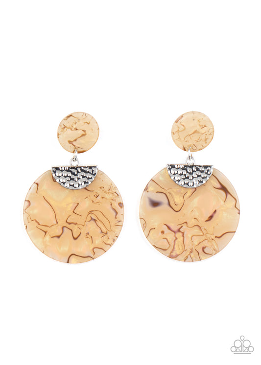 REALLY RETRO-POLITAN - YELLOW MARBLED IRIDESCENT ACRYLIC POST EARRINGS