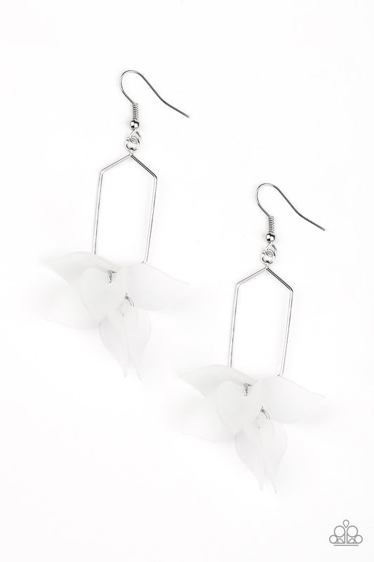 EXTRA ETHEREAL - WHITE ACRYLIC PETALS CLUSTER SILVER GEOMETRIC HOOP EARRINGS