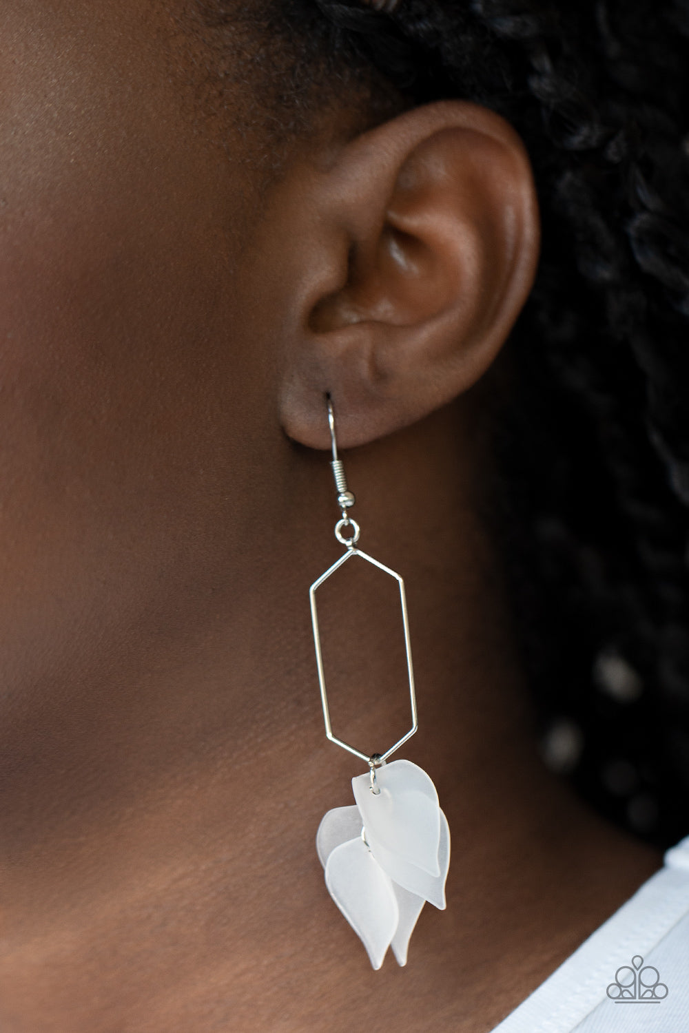EXTRA ETHEREAL - WHITE ACRYLIC PETALS CLUSTER SILVER GEOMETRIC HOOP EARRINGS