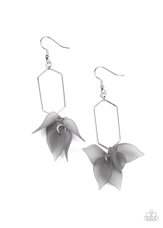 EXTRA ETHEREAL - SILVER GRAY ACRYLIC PETALS LEAVES FROSTED CLUSTER EARRINGS