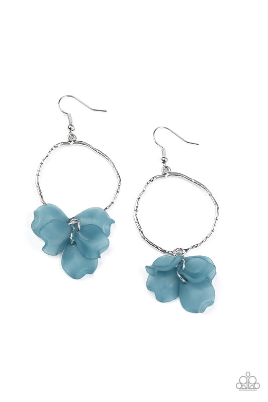 PETALS ON THE FLOOR - BLUE FROSTED ACRYLIC FLOWER PETAL HOOP EARRINGS