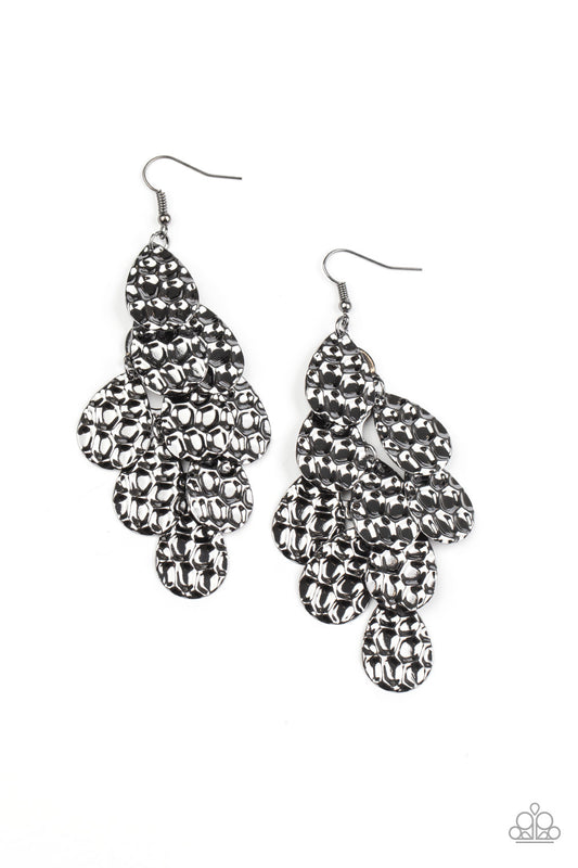 INSTANT INCANDESCENCE - BLACK GUNMETAL HONEYCOMB TEXTURED OVERLAPPING TEARDROPS CHIME EARRINGS